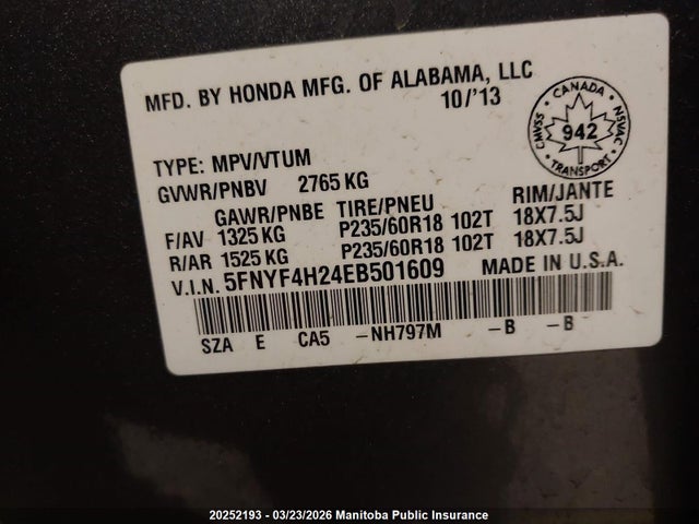 20252193 :رقم المزاد ، 5FNYF4H24EB501609 vin ، 2014 Honda Pilot Lx مزاد بيع