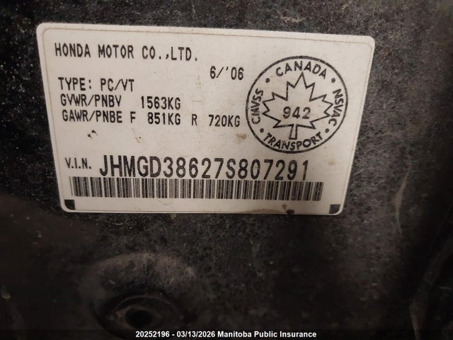 Aukcja sprzedaży 2007 Honda Fit Sport, vin: JHMGD38627S807291, numer aukcji: 20252196