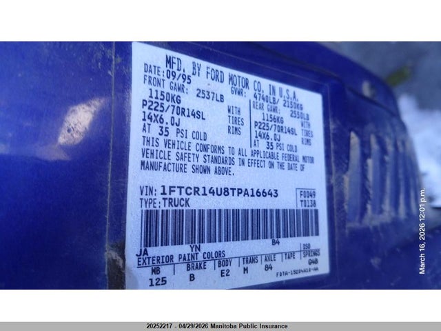 1996 Ford Ranger მანქანა იყიდება აუქციონზე, vin: 1FTCR14U8TPA16643, აუქციონის ნომერი: 20252217