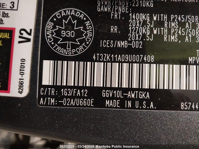 Aukcja sprzedaży 2009 Toyota Venza V6, vin: 4T3ZK11A09U007408, numer aukcji: 20252231