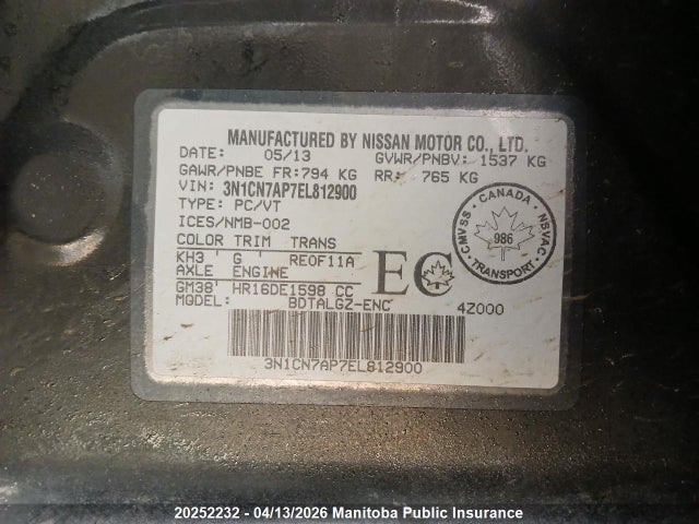 3N1CN7AP7EL812900 Nissan Versa 1.6 Sl