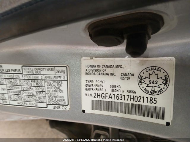 Aukcja sprzedaży 2007 Honda Civic Dx-g, vin: 2HGFA16317H021185, numer aukcji: 20252238