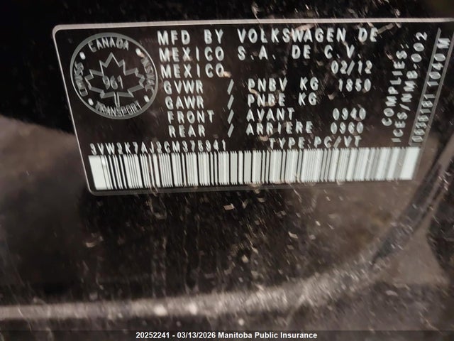 20252241 :رقم المزاد ، 3VW2K7AJ2CM375941 vin ، 2012 Volkswagen Jetta 2.0 مزاد بيع