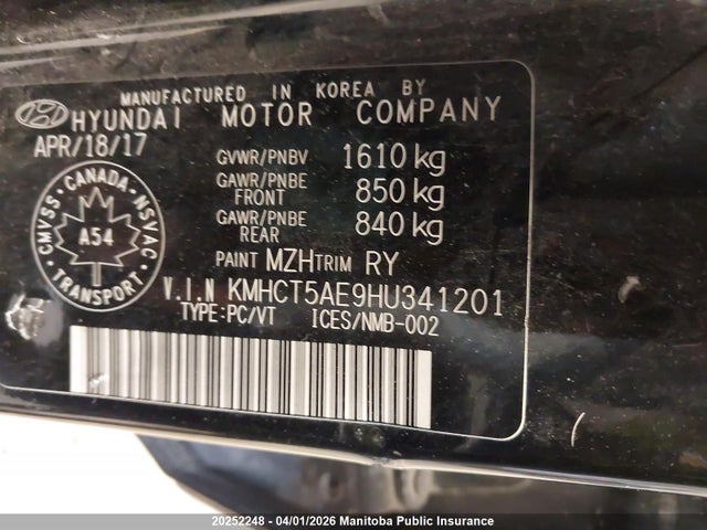 KMHCT5AE9HU341201 Hyundai ACCENT SE