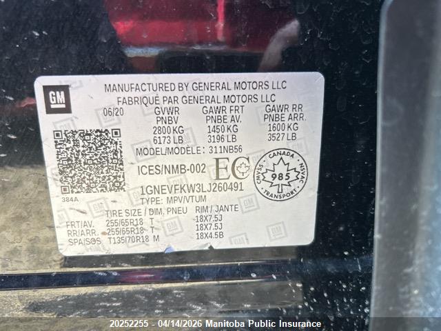 1GNEVFKW3LJ260491 Chevrolet Traverse Ls