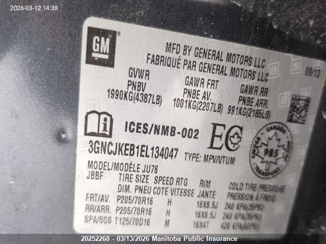 20252268 :رقم المزاد ، 3GNCJKEB1EL134047 vin ، 2014 Chevrolet Trax Ls مزاد بيع