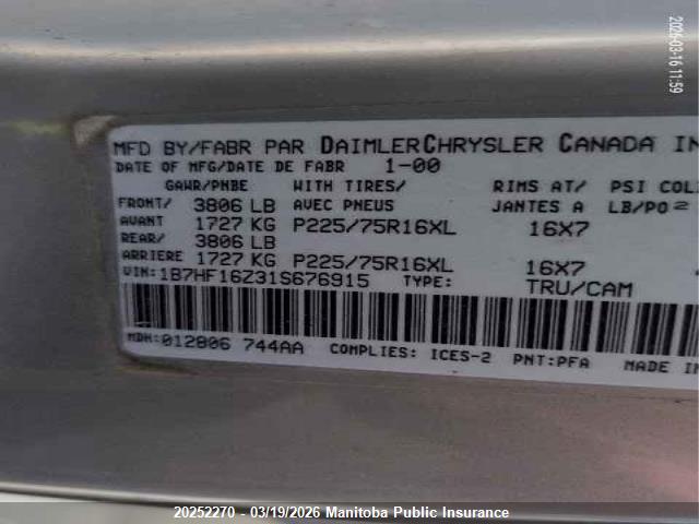 Aukcja sprzedaży 2001 Dodge Ram 1500 Slt, vin: 1B7HF16Z31S676915, numer aukcji: 20252270