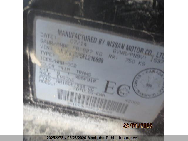 2015 Nissan Micra Sv მანქანა იყიდება აუქციონზე, vin: 3N1CK3CP5FL216698, აუქციონის ნომერი: 20252272