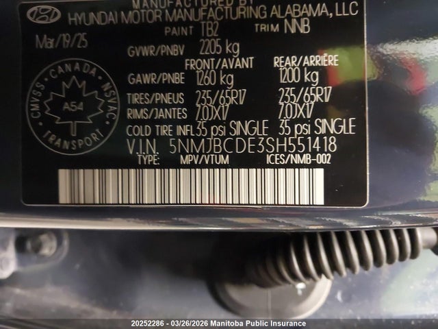20252286 :رقم المزاد ، 5NMJBCDE3SH551418 vin ، 2025 Hyundai Tucson Preferred مزاد بيع