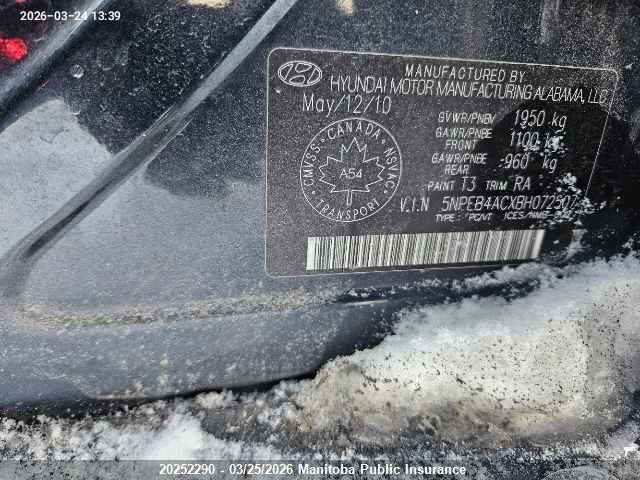Aukcja sprzedaży 2011 Hyundai Sonata Gls, vin: 5NPEB4ACXBH072507, numer aukcji: 20252290