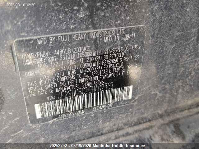 Продаж на аукціоні авто 2012 Subaru Forester 2.5 X, vin: JF2SHCBC1CH402353, номер лоту: 20252292