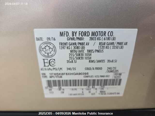 1FM5K8F8XHGA90395 Ford Explorer Limited
