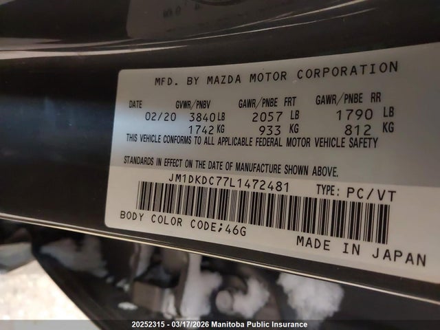 Продажа на аукционе авто 2020 Mazda Cx-3 Gs, vin: JM1DKDC77L1472481, номер лота: 20252315