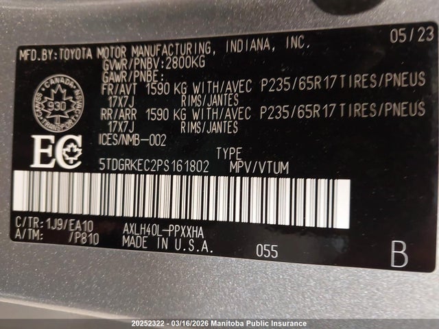 20252322 :رقم المزاد ، 5TDGRKEC2PS161802 vin ، 2023 Toyota Sienna Xle Hybrid مزاد بيع