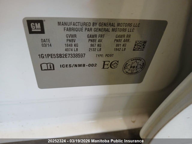 1G1PE5SB2E7338597 Chevrolet Cruze Lt Turbo