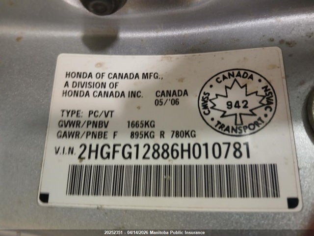 Продаж на аукціоні авто 2006 Honda Civic Ex, vin: 2HGFG12886H010781, номер лоту: 20252351