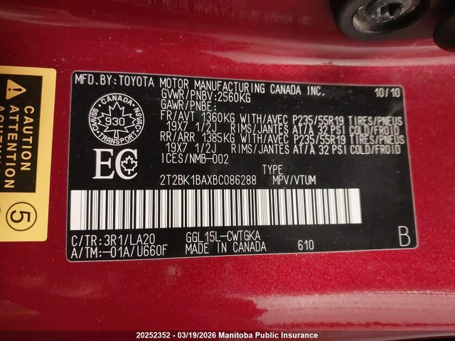 20252352 :رقم المزاد ، 2T2BK1BAXBC086288 vin ، 2011 Lexus Rx350 مزاد بيع