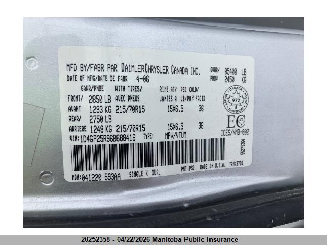 Продажа на аукционе авто 2006 Dodge Caravan, vin: 1D4GP25R96B688416, номер лота: 20252358