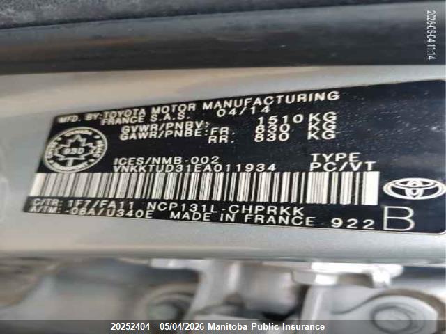 20252404 :رقم المزاد ، VNKKTUD31EA011934 vin ، 2014 Toyota Yaris Le مزاد بيع