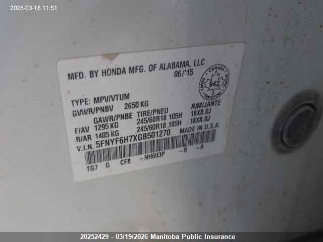 5FNYF6H7XGB501270 Honda Pilot Ex-l