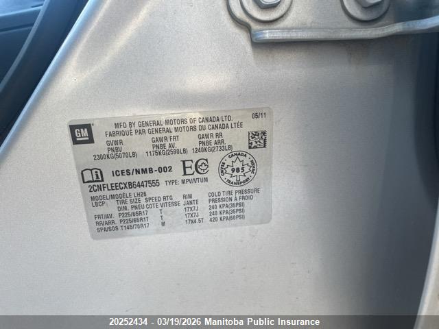 2011 Chevrolet Equinox Lt მანქანა იყიდება აუქციონზე, vin: 2CNFLEECXB6447555, აუქციონის ნომერი: 20252434