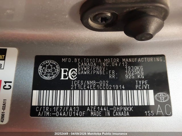 2012 Toyota Matrix მანქანა იყიდება აუქციონზე, vin: 2T1LE4EE1CC021914, აუქციონის ნომერი: 20252449
