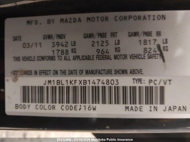Продажа на аукционе авто 2011 Mazda 3 Mazda Sport Gx, vin: JM1BL1KFXB1474803, номер лота: 20252466