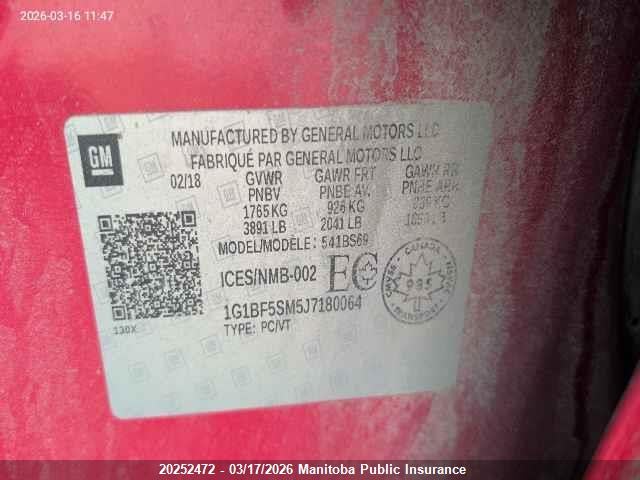 1G1BF5SM5J7180064 Chevrolet Cruze Lt Turbo