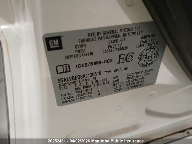 20252481 :رقم المزاد ، 5GALVBED8AJ135519 vin ، 2010 Buick Enclave Cxl مزاد بيع