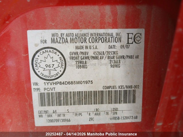 Aukcja sprzedaży 2008 Mazda Mazda6 Sport Gs V6, vin: 1YVHP84D685M01975, numer aukcji: 20252487