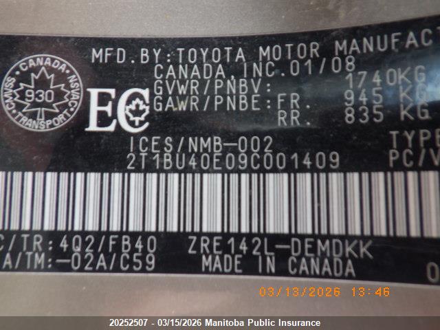 Aukcja sprzedaży 2009 Toyota Corolla Ce, vin: 2T1BU40E09C001409, numer aukcji: 20252507