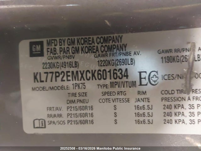 Aukcja sprzedaży 2012 Chevrolet Orlando Lt, vin: KL77P2EMXCK601634, numer aukcji: 20252508