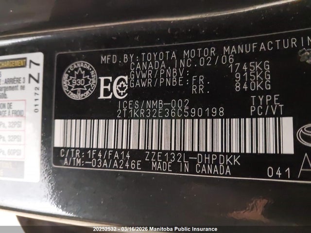 20252532 :رقم المزاد ، 2T1KR32E36C590198 vin ، 2006 Toyota Matrix مزاد بيع