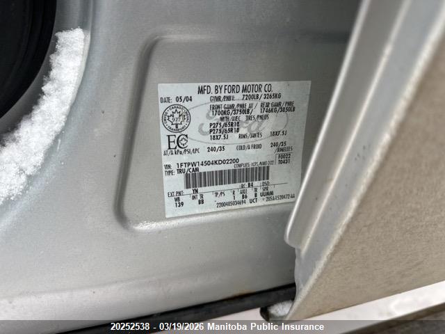 2004 Ford F150 Supercrew მანქანა იყიდება აუქციონზე, vin: 1FTPW14504KD02200, აუქციონის ნომერი: 20252538