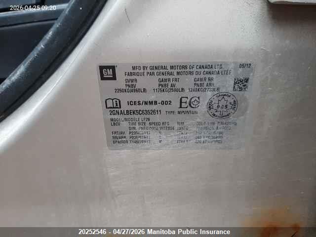 2012 Chevrolet Equinox Ls მანქანა იყიდება აუქციონზე, vin: 2GNALBEK5C6352611, აუქციონის ნომერი: 20252546