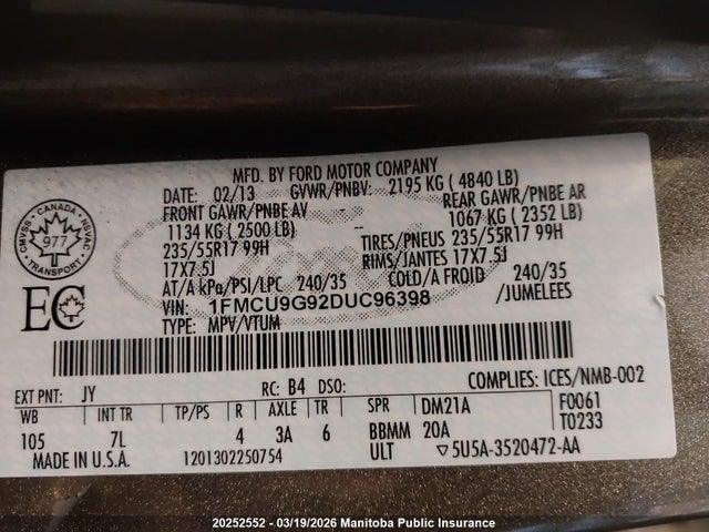 Продаж на аукціоні авто 2013 Ford Escape Se, vin: 1FMCU9G92DUC96398, номер лоту: 20252552
