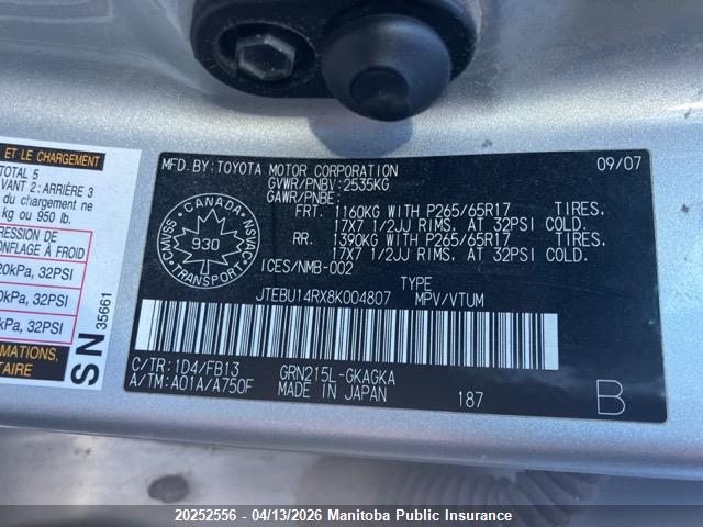 2008 Toyota 4runner Sr5 V6 მანქანა იყიდება აუქციონზე, vin: JTEBU14RX8K004807, აუქციონის ნომერი: 20252556