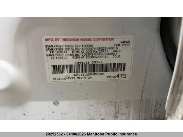 20252562 :رقم المزاد ، JA4LZ31G53U608782 vin ، 2003 Mitsubishi Outlander Ls مزاد بيع