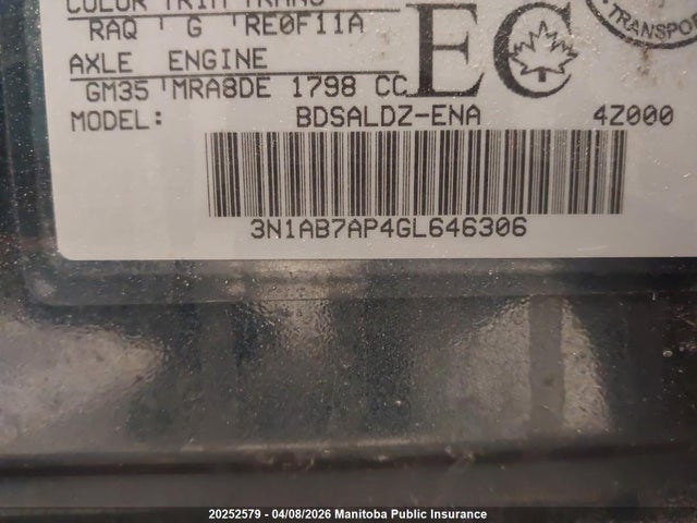 Aukcja sprzedaży 2016 Nissan Sentra 1.8 S/1.8 Sl/1.8 Sr/1.8 Sv, vin: 3N1AB7AP4GL646306, numer aukcji: 20252579