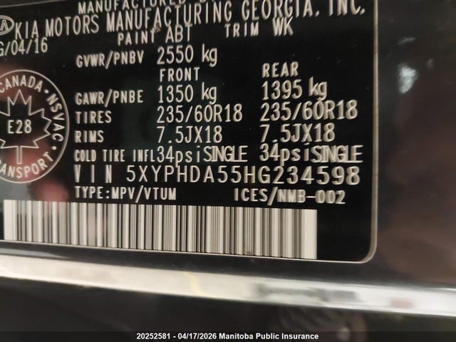 Продаж на аукціоні авто 2017 Kia Sorento Ex V6, vin: 5XYPHDA55HG234598, номер лоту: 20252581
