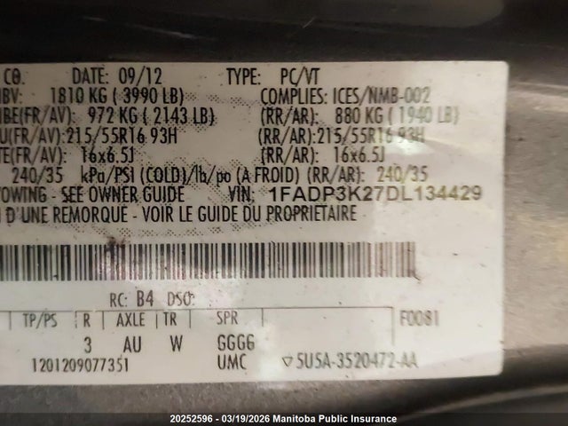 2013 Ford Focus Se მანქანა იყიდება აუქციონზე, vin: 1FADP3K27DL134429, აუქციონის ნომერი: 20252596
