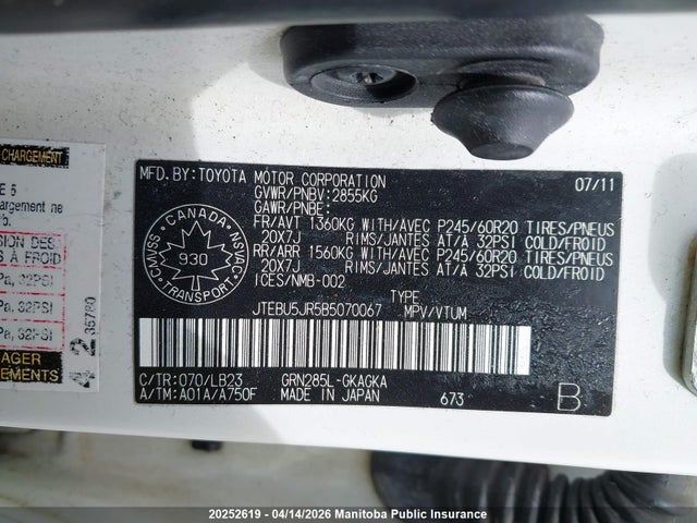 20252619 :رقم المزاد ، JTEBU5JR5B5070067 vin ، 2011 Toyota 4runner Sr5 Limited V6 (inspe) مزاد بيع
