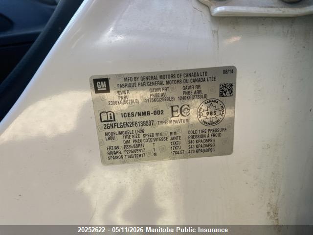 2015 Chevrolet Equinox Lt მანქანა იყიდება აუქციონზე, vin: 2GNFLGEK2F6138537, აუქციონის ნომერი: 20252622