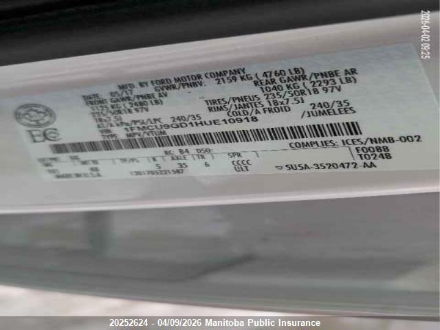 1FMCU9GD1HUE10918 Ford ESCAPE SE