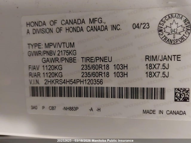 2HKRS4H54PH120356 Honda Cr-v Sport