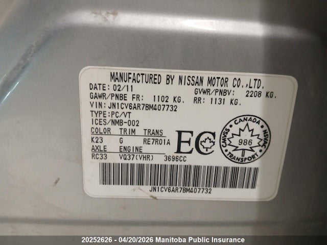 Auction sale of the 2011 Infiniti G37 X, vin: JN1CV6AR7BM407732, lot number: 20252626