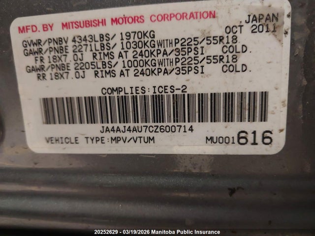 Продаж на аукціоні авто 2012 Mitsubishi Rvr Gt, vin: JA4AJ4AU7CZ600714, номер лоту: 20252629