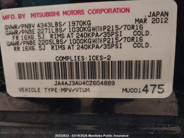 20252632 :رقم المزاد ، JA4AJ3AU4CZ604889 vin ، 2012 Mitsubishi Rvr Se مزاد بيع