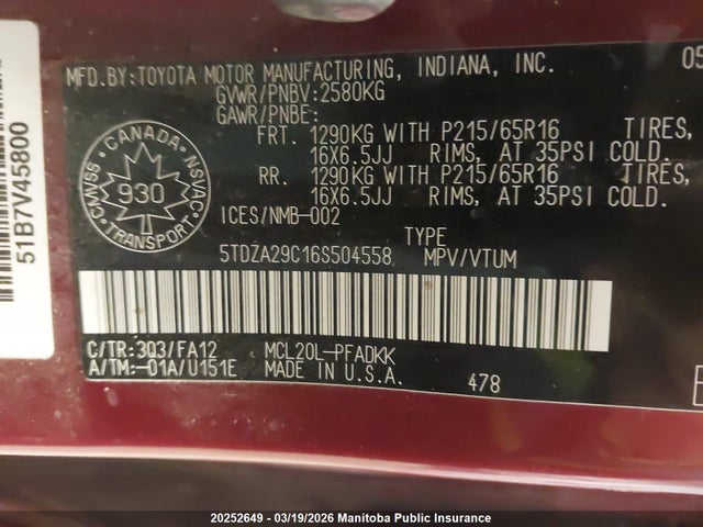 Aukcja sprzedaży 2006 Toyota Sienna Ce V6, vin: 5TDZA29C16S504558, numer aukcji: 20252649