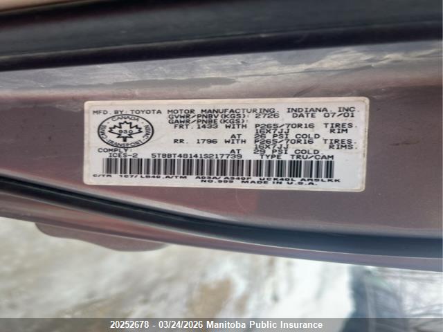 Aukcja sprzedaży 2001 Toyota Tundra Limited Access Cab V8, vin: 5TBBT48141S217739, numer aukcji: 20252678